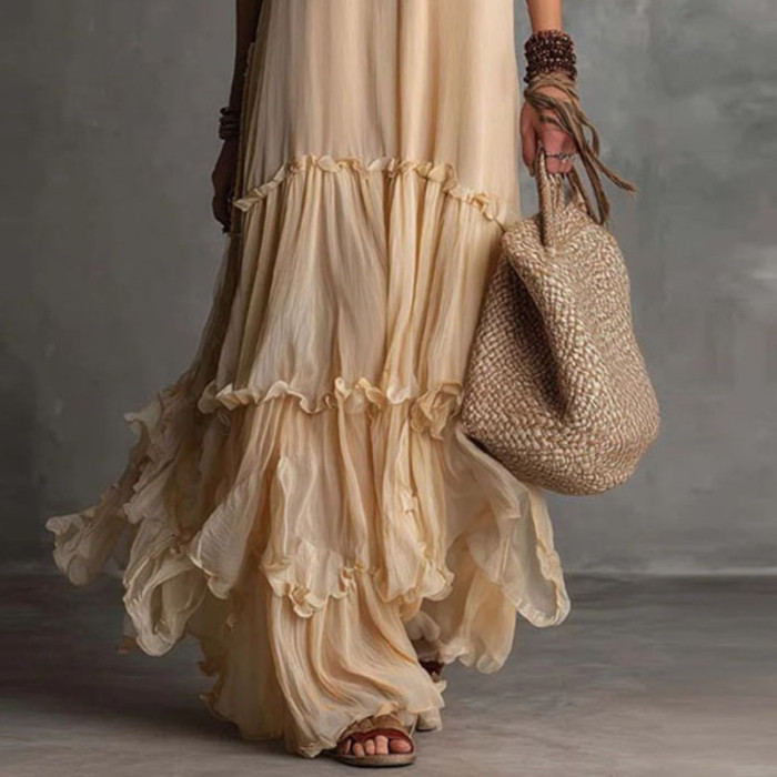 Solid Sweetheart Neck Tiered Ruffle Maxi Dress for Beach Vacations and Holiday Photoshoots