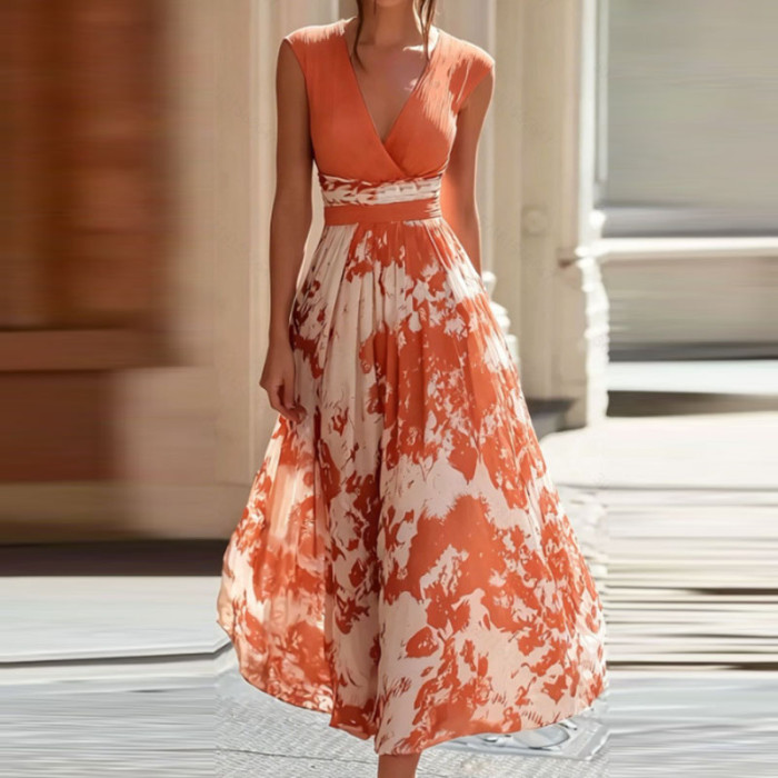 Lightweight Deep V Sleeveless Print Long Dress for Weekend Outings and Small Gatherings