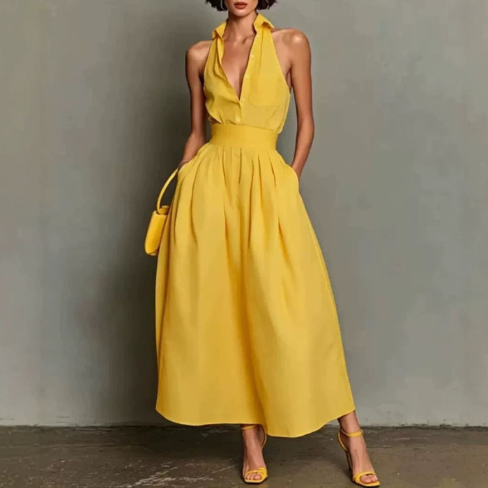 Turn-Down Collar Button Sleeveless Pleated Maxi Dress | Casual Summer Resort Women Dress