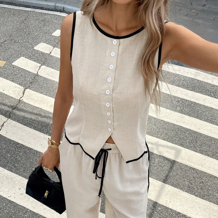 Solid Sleeveless V Neck Vest & High Waist Loose Pants Two Piece Set | Office & Street Summer Women Outfit
