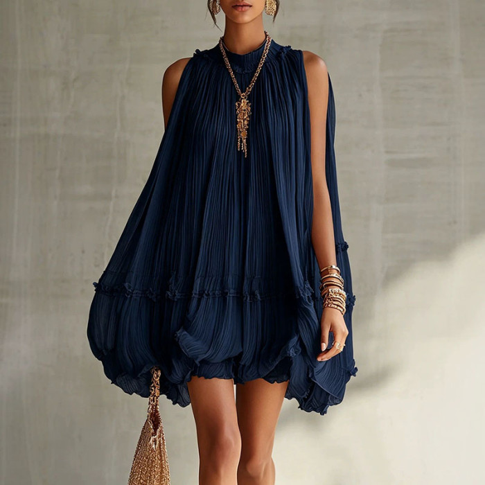 Plain Pleated Resort Mini Dress with Ruffle Details for Poolside Parties and City Strolls