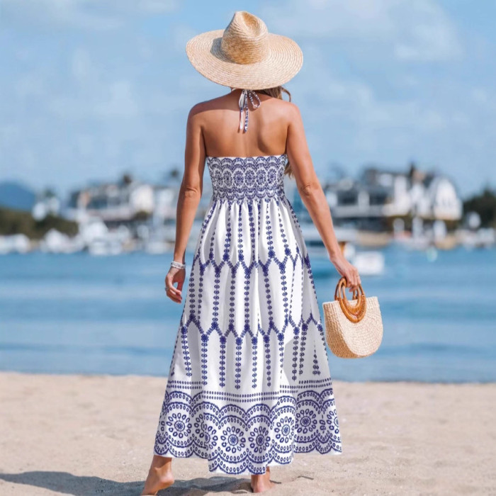 Boho Print Backless Slit Maxi Slip Dress | Beach & Party Women Long Dress