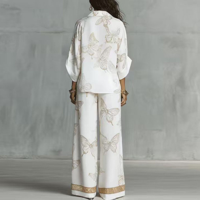 Butterfly Print Lapel Shirt Wide Leg Pants Two Piece Set for Holiday Sightseeing and City Strolls