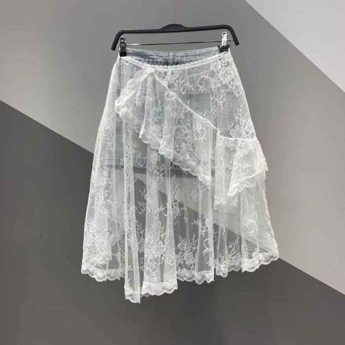 High Waist Spliced Lace Denim Mini Skirt | Summer Youthful Women Slim Skirt