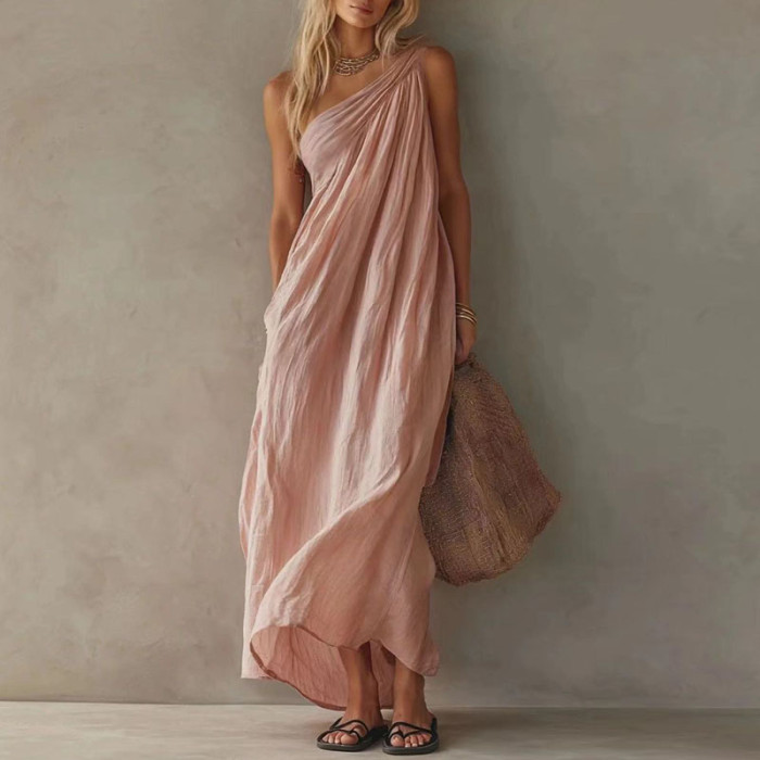 Elegant Flowy One Shoulder Boho Maxi Dress for Sightseeing Trips and Daily Streetwear