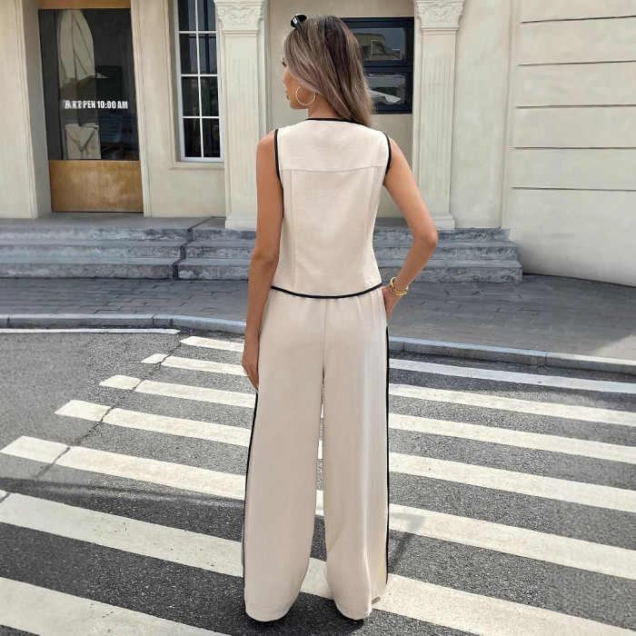 Solid Sleeveless V Neck Vest & High Waist Loose Pants Two Piece Set | Office & Street Summer Women Outfit