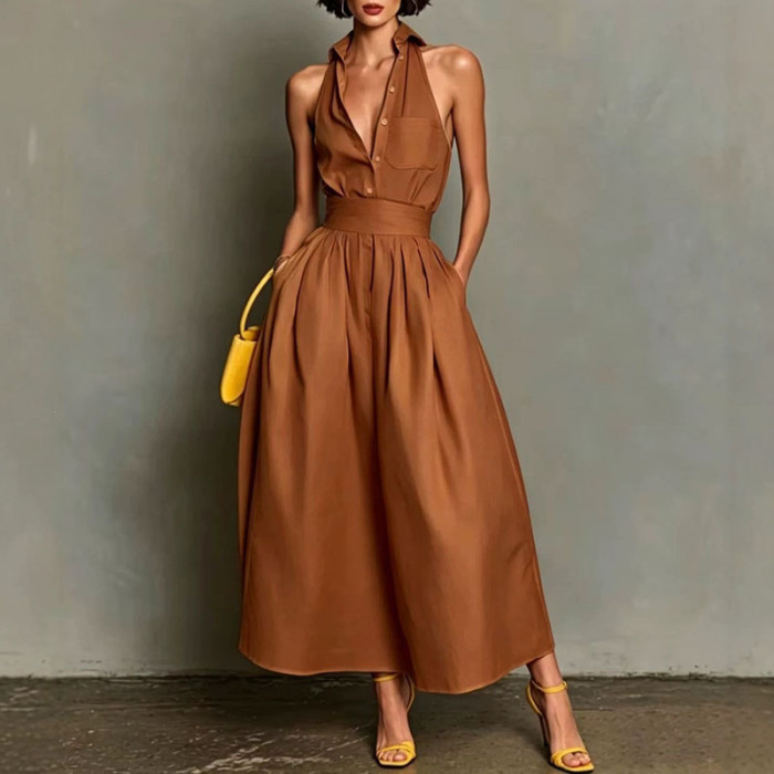 Turn-Down Collar Button Sleeveless Pleated Maxi Dress | Casual Summer Resort Women Dress