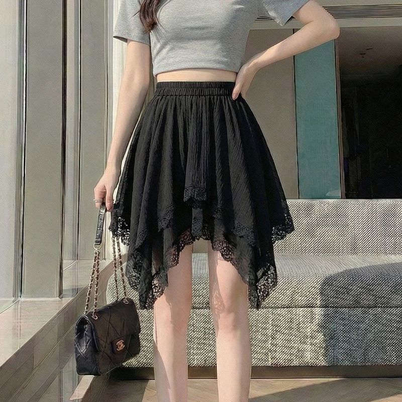High Waist A-Line Lace Irregular Midi Skirt | Spring Daily Women Skirt