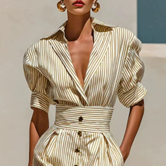 Lapel Deep V Striped Shirt Dress | Office & Summer Holiday Elegant Women Dress