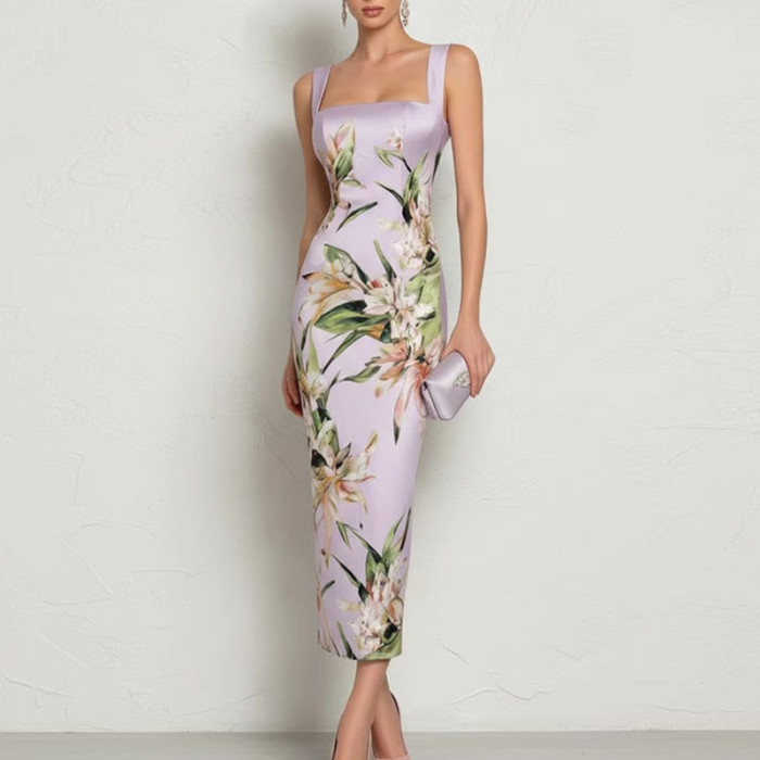 Floral Print Square Wide Strap Bodycon Slip Maxi Dress for Wedding Guest and Formal Party Occasions