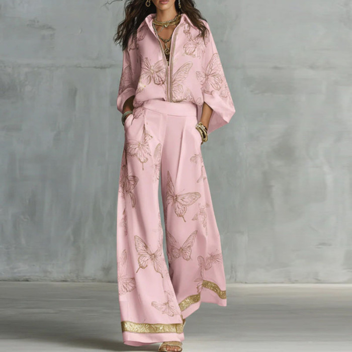 Butterfly Print Lapel Shirt Wide Leg Pants Two Piece Set for Holiday Sightseeing and City Strolls