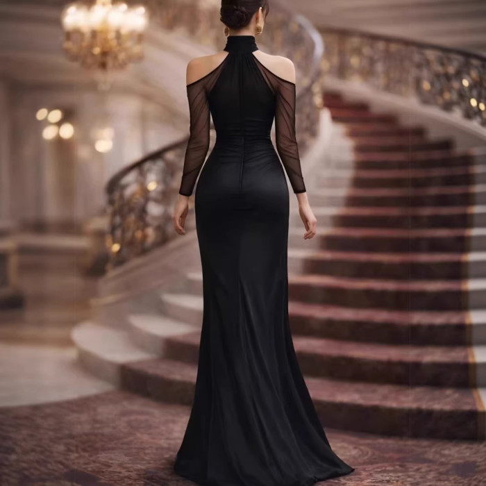 Halter Neck Sheer Shoulder Floor-Length Maxi Dress | Women Spring Summer Evening Party Gown