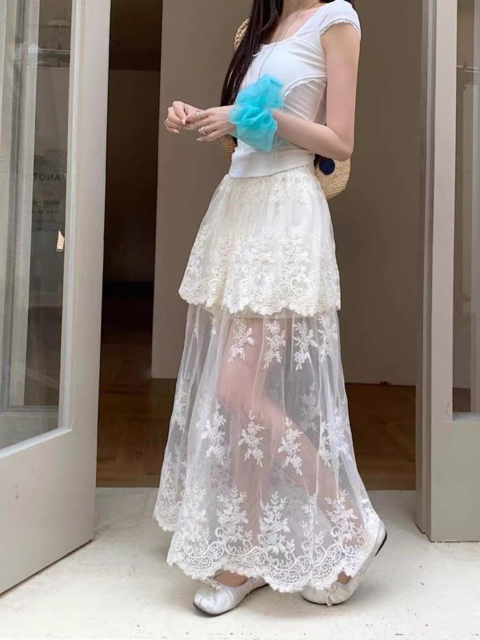 Retro Spliced Mesh Lace A Line Skirt | Summer Daily Youthful Women Skirt