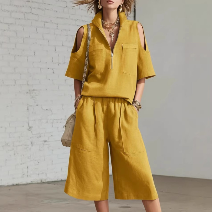 Solid V Neck Zip Short Sleeve Top & Elastic Waist Shorts Set | Daily Vacation Women Outfit