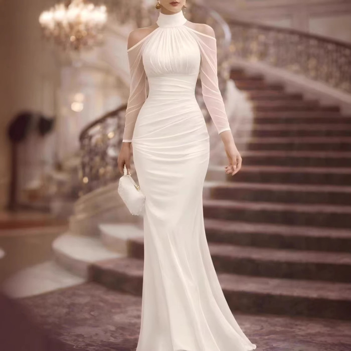 Halter Neck Sheer Shoulder Floor-Length Maxi Dress | Women Spring Summer Evening Party Gown