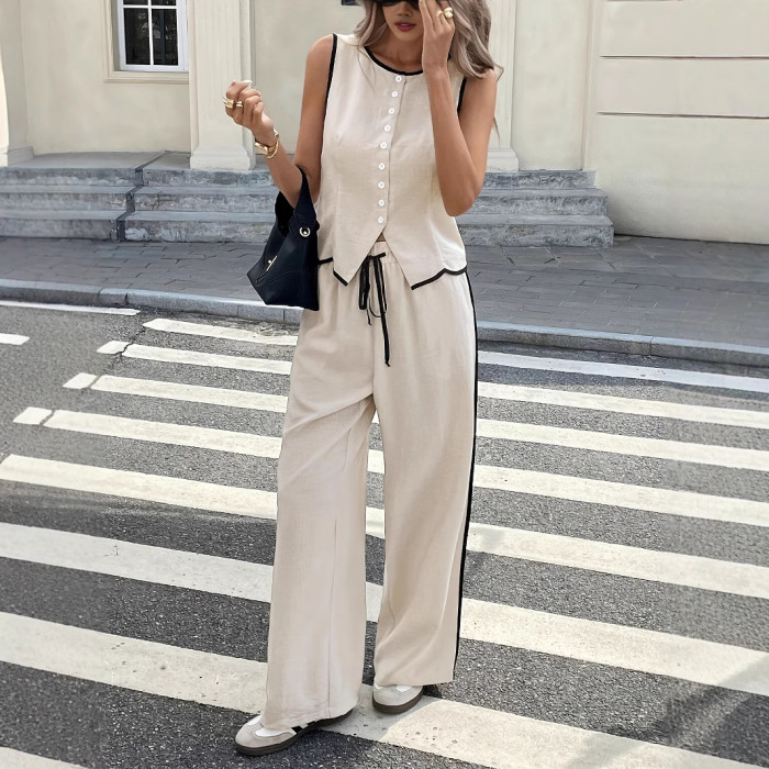 Solid Sleeveless V Neck Vest & High Waist Loose Pants Two Piece Set | Office & Street Summer Women Outfit