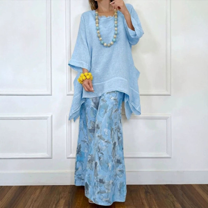 Bohemian Print Asymmetric Blouse Wide Leg Pants Two Piece Set for Beach Vacations and City Strolls