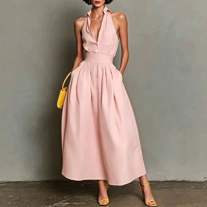 Turn-Down Collar Button Sleeveless Pleated Maxi Dress | Casual Summer Resort Women Dress