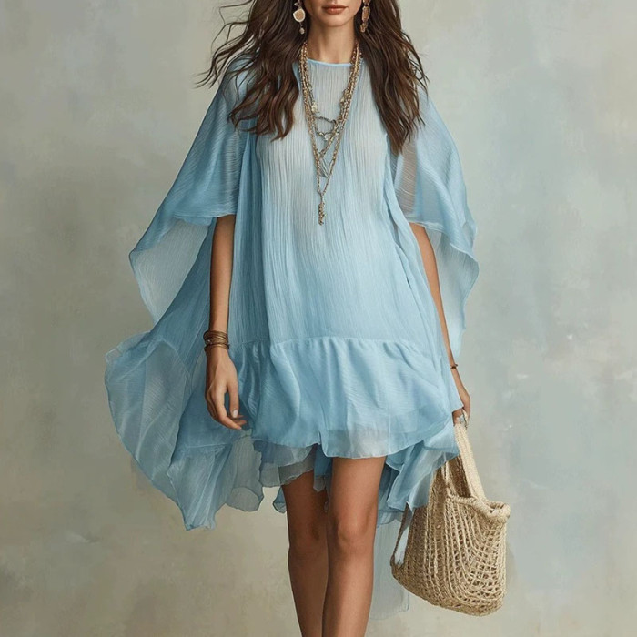 Batwing Sleeve Round Neck Solid A-Line Mini Dress for Beach Vacations and City Strolls