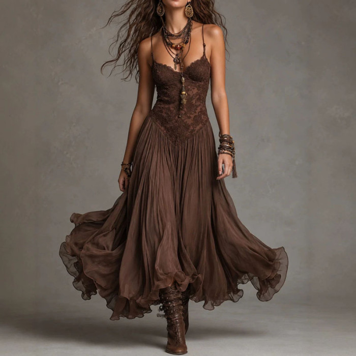 V Neck Lace Spaghetti Strap Maxi Dress | Beach & Vintage Prom Boho Long Sundress