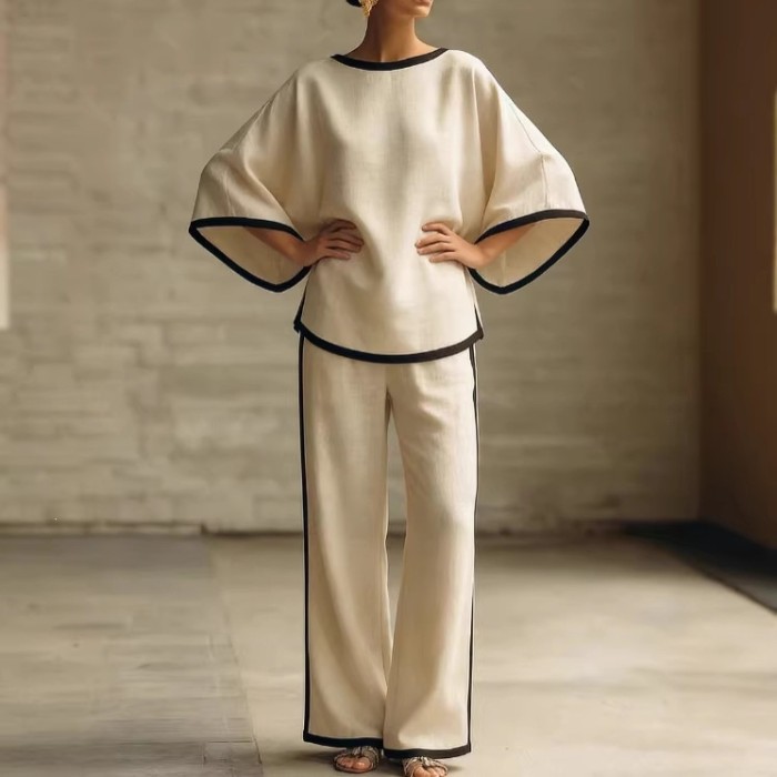 Loose Blouse & Wide Leg Trousers Two Piece Matching Set | Women Summer Casual Daily Outfit