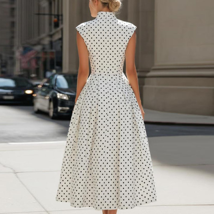 Vintage Polka Dot High Neck Cap Sleeve A-Line Midi Dress for Cocktail Parties and Evening Banquets