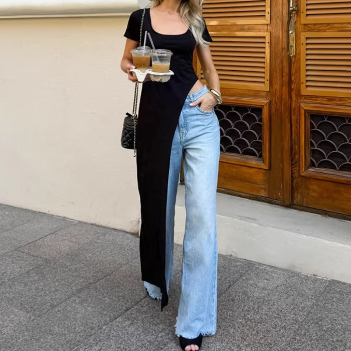Square Neck Short Sleeve Irregular Knit Maxi Dress Slim Fit Black Daily Dress