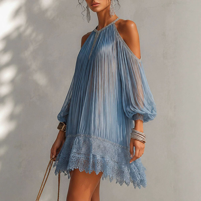 Sheer Halter Pleated Mini Dress | Beach Vacation Boho Women Sundress