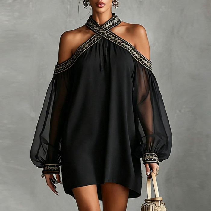 Halter Off Shoulder Embroidery Trim Mini Dress | Beach Club & Boho Holiday Women Outfit