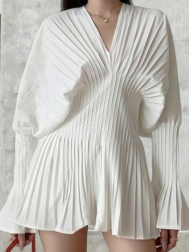 V Neck Flared Sleeve Pleated Waist White Shirt | Spring Summer Daily Casual Top