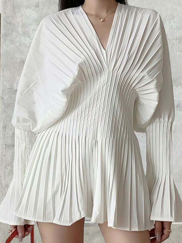V Neck Flared Sleeve Pleated Waist White Shirt | Spring Summer Daily Casual Top