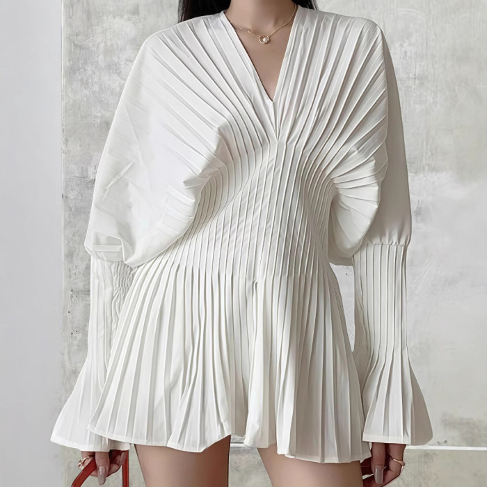 V Neck Flared Sleeve Pleated Waist White Shirt | Spring Summer Daily Casual Top
