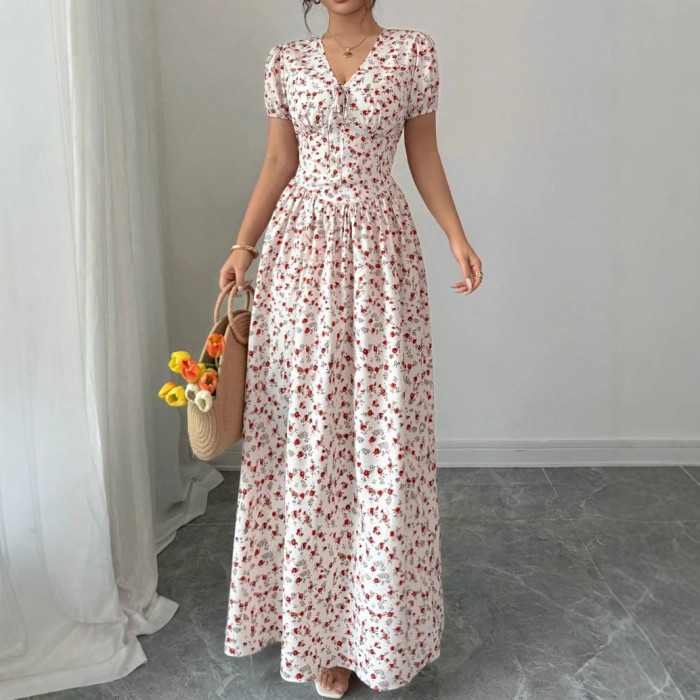 Floral Print V Neck Short Sleeve High Waist Pleated A-Line Swing Dress | Elegant Party Women Dress