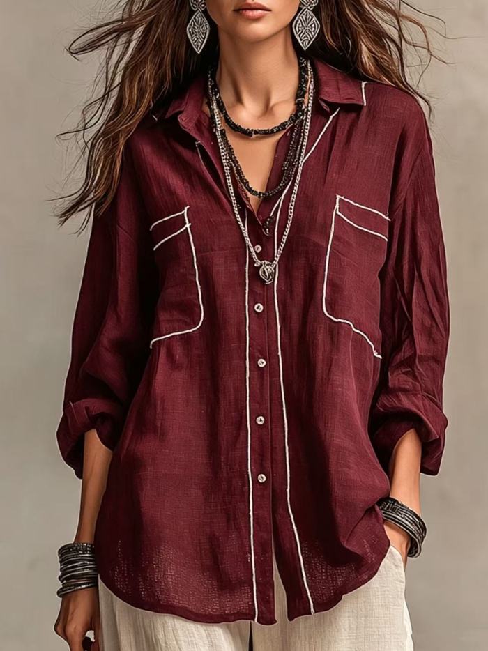 Thin Bright Line Lapel Long Sleeve Oversize Shirt | Vintage Elegant Summer Women Basic Top