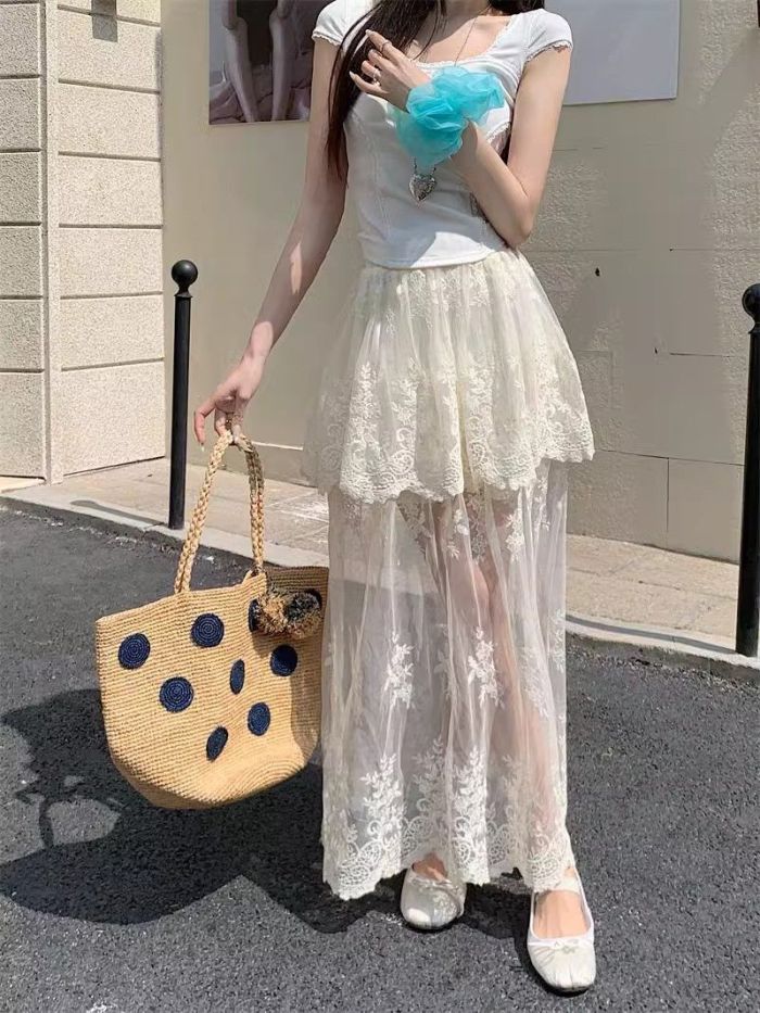 Retro Spliced Mesh Lace A Line Skirt | Summer Daily Youthful Women Skirt