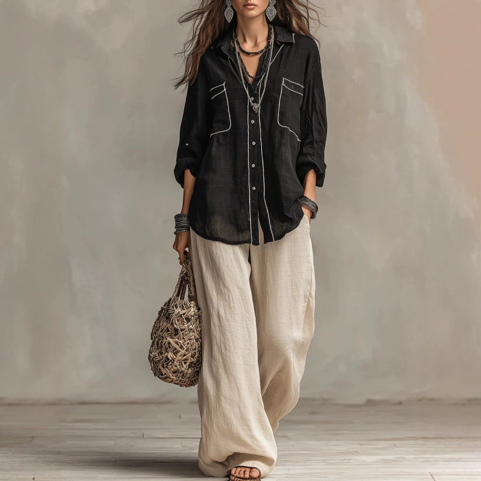 Thin Bright Line Lapel Long Sleeve Oversize Shirt | Vintage Elegant Summer Women Basic Top