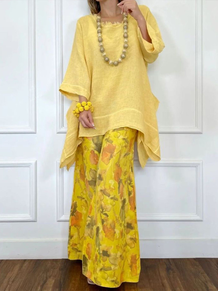Bohemian Print Asymmetric Blouse Wide Leg Pants Two Piece Set for Beach Vacations and City Strolls