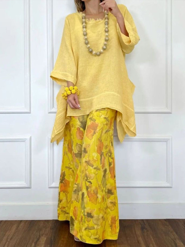 Bohemian Print Asymmetric Blouse Wide Leg Pants Two Piece Set for Beach Vacations and City Strolls