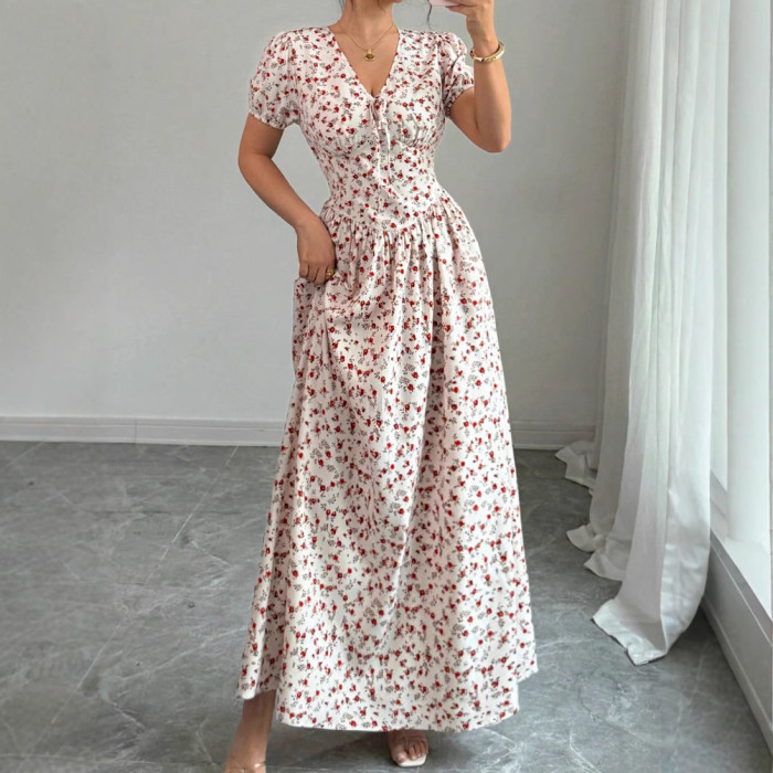 Floral Print V Neck Short Sleeve High Waist Pleated A-Line Swing Dress | Elegant Party Women Dress