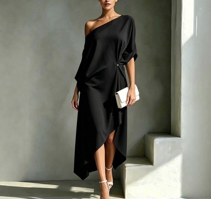 Minimalist Solid Twist Waist Midi Dress for Holiday Photoshoots and Small Gatherings