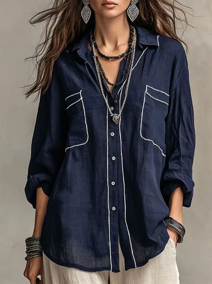 Thin Bright Line Lapel Long Sleeve Oversize Shirt | Vintage Elegant Summer Women Basic Top