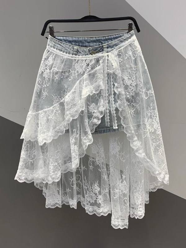 High Waist Spliced Lace Denim Mini Skirt | Summer Youthful Women Slim Skirt