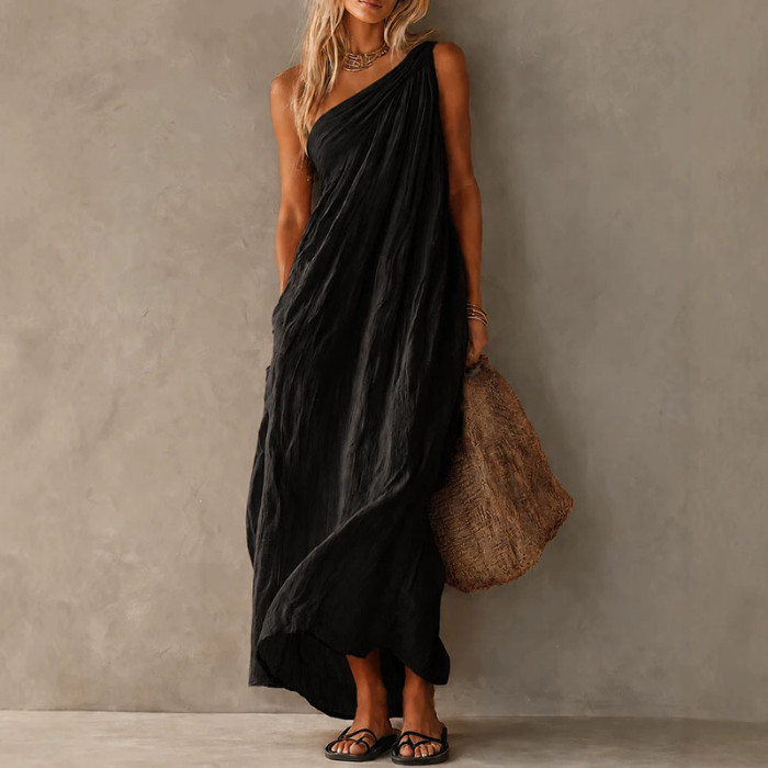 Elegant Flowy One Shoulder Boho Maxi Dress for Sightseeing Trips and Daily Streetwear