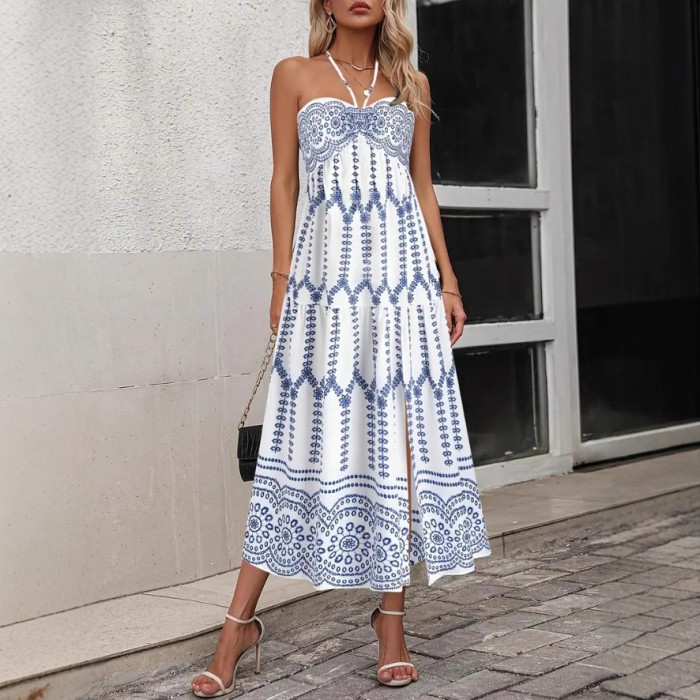 Boho Print Backless Slit Maxi Slip Dress | Beach & Party Women Long Dress