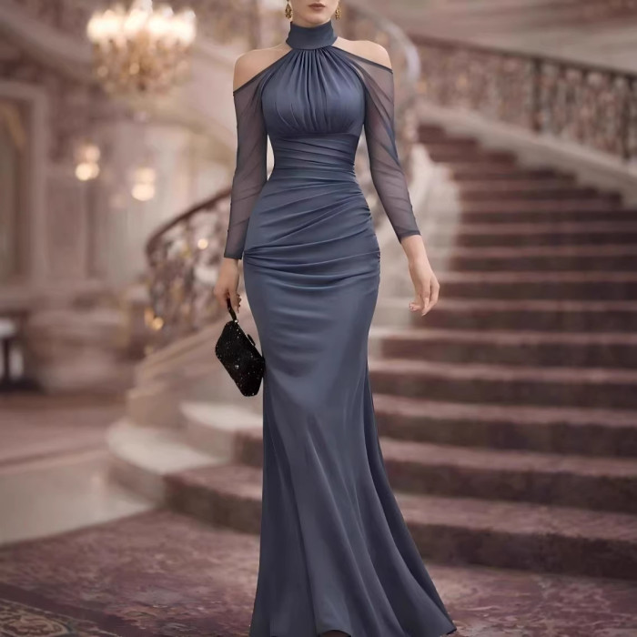 Halter Neck Sheer Shoulder Floor-Length Maxi Dress | Women Spring Summer Evening Party Gown