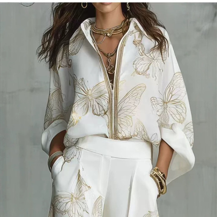 Butterfly Print Lapel Shirt Wide Leg Pants Two Piece Set for Holiday Sightseeing and City Strolls