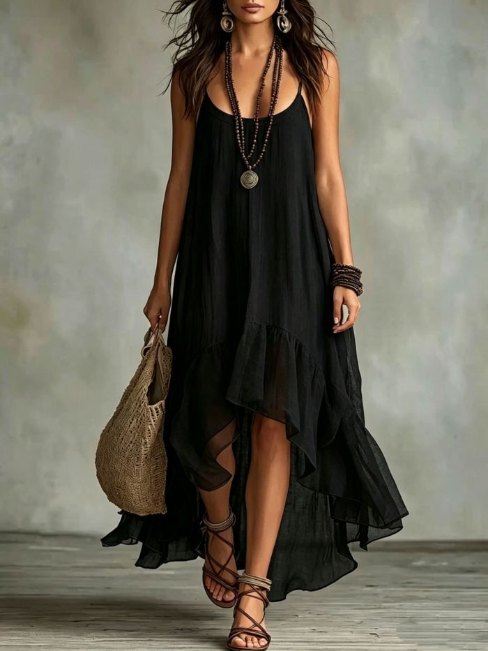 Backless Solid Ruffle High Low Maxi Dress for Poolside Parties and City Strolls