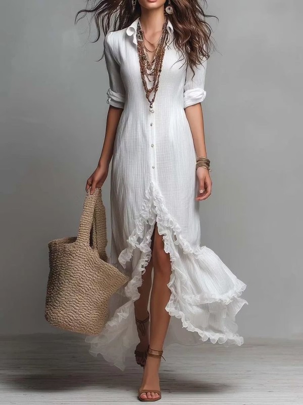 Button Front Ruffle High Low Hem Maxi Dress for Poolside Parties and City Strolls