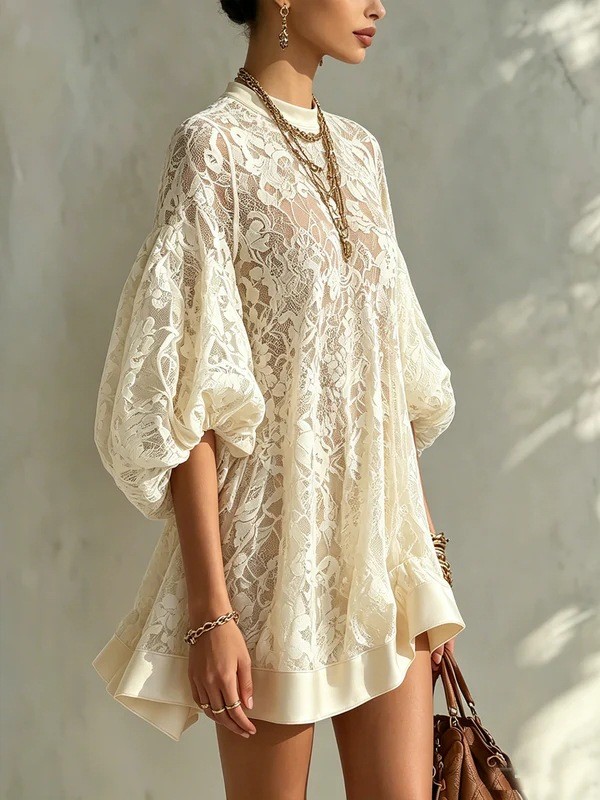 Floral Lace Puff Lantern Sleeve Ruffle Hem Mini Dress for Beach Vacations and Holiday Photoshoots