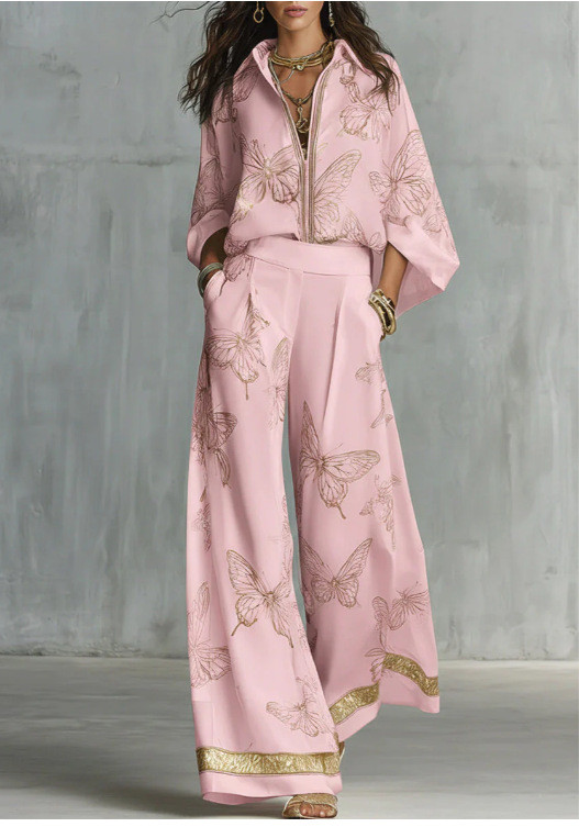 Butterfly Print Lapel Shirt Wide Leg Pants Two Piece Set for Holiday Sightseeing and City Strolls